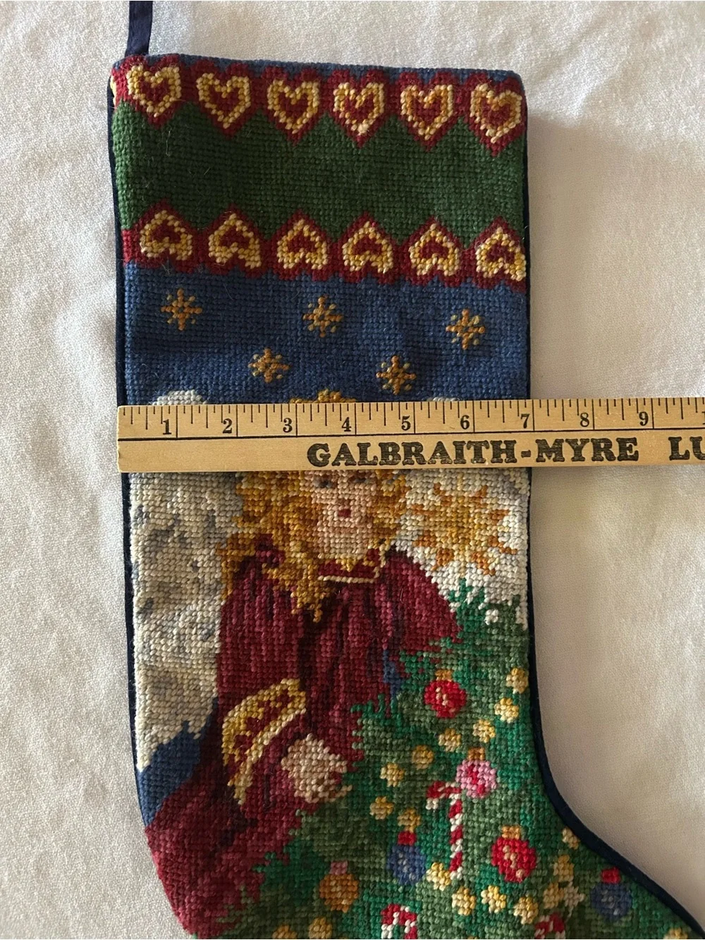 Vintage Needlepoint Angel & Hearts Christmas Stocking Navy Velvet Back